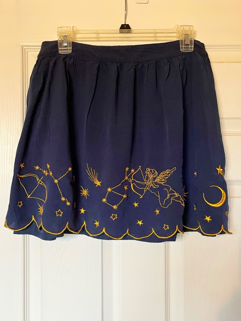 Celestial Embroidered Navy Circle Skirt with Yellow/Gold Constellation Motif